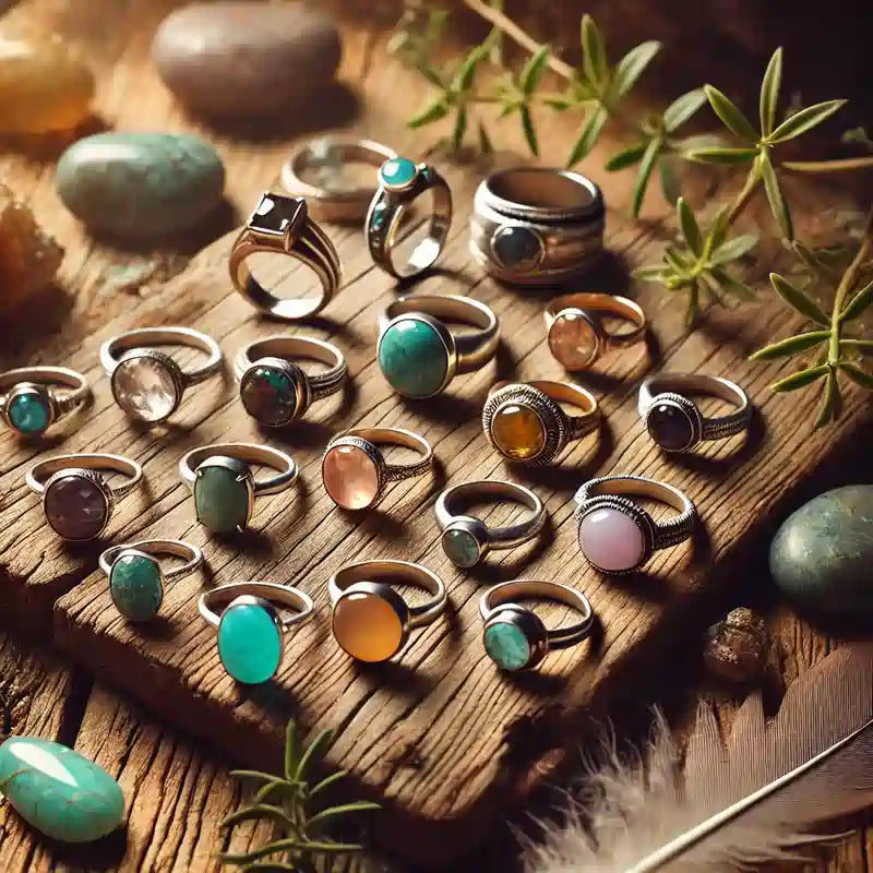 Collection de bagues en pierres naturelles, comprenant des pierres comme la turquoise, l'améthyste, la citrine et la pierre de lune