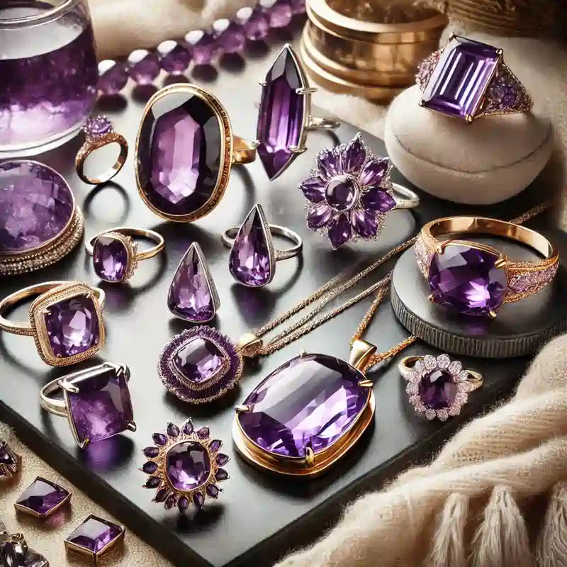 Collection complète de bijoux en Améthyste : pendentifs, bagues, colliers, bracelets et boucles d’oreilles en pierre violette naturelle.
