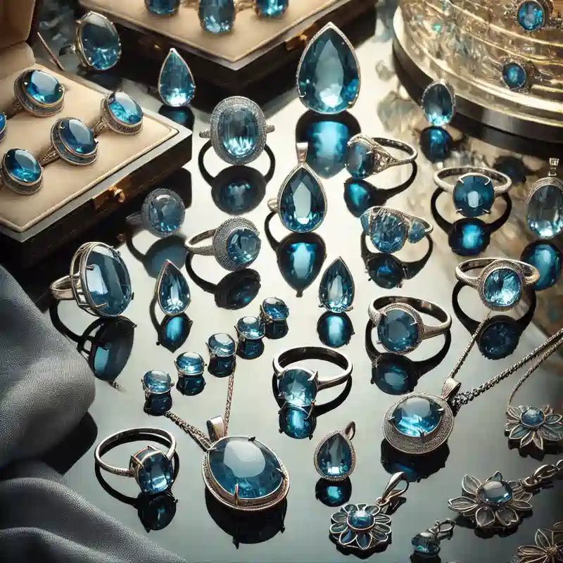 Collection complète de bijoux en pierre d'apatite : colliers, bagues, bracelets, et boucles d'oreilles en pierre bleue.