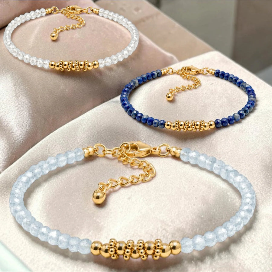 Bracelet fin doré en pierre naturelle pour femme, petites perles facettées sur chaînette en acier inoxydable, collection FINA® La Pierre FR