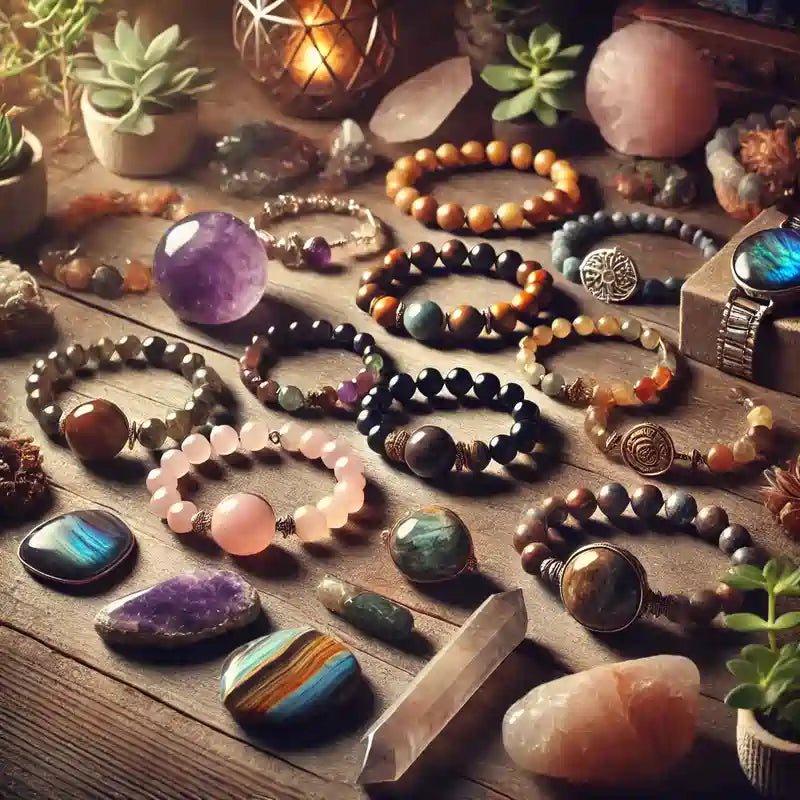 Bracelets lithothérapie en pierres naturelles : améthyste, quartz rose, œil de tigre, labradorite, et citrine.
