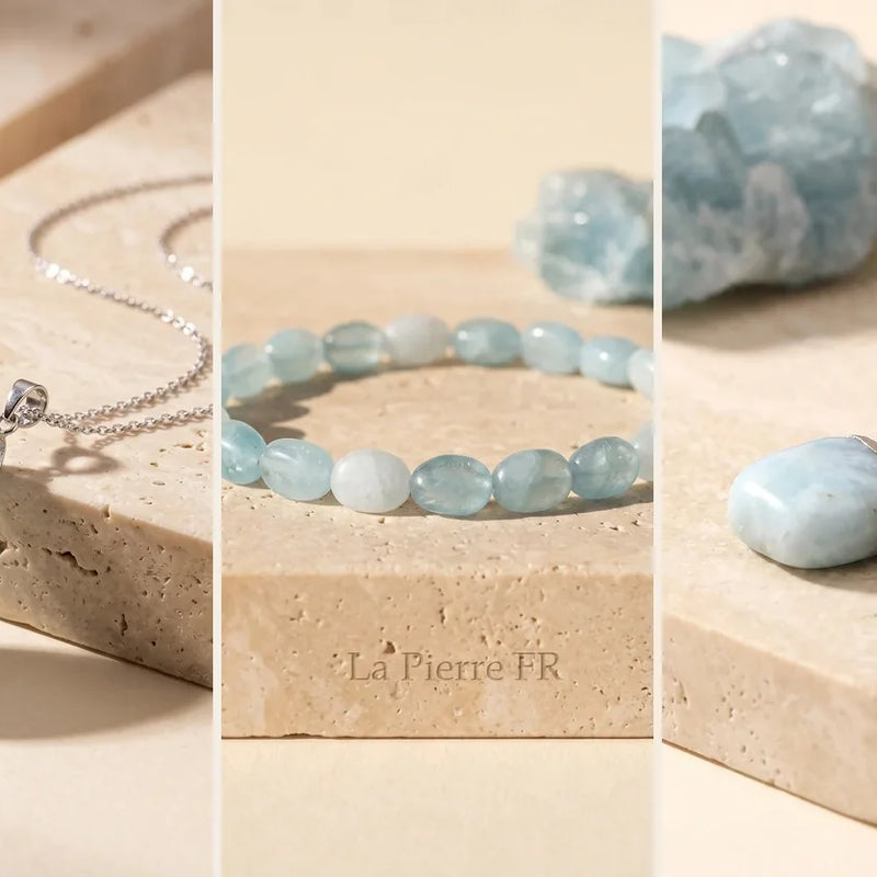 Pierre de naissance de mars : bijoux en aigue-marine, sur travertin