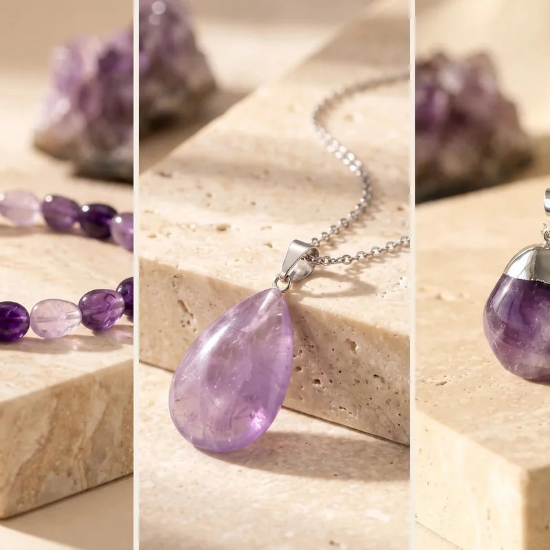 Pierre de naissance de février : bijoux en améthyste, sur travertin