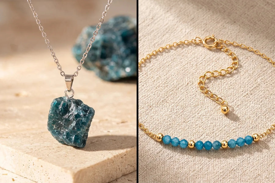 Apatite bleue, pierre naturelle, sur travertin