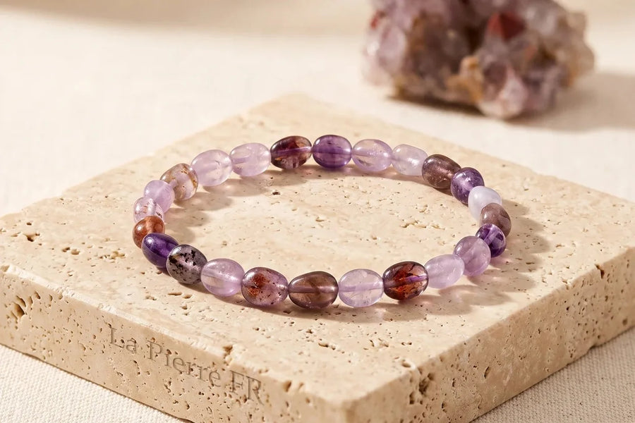 Auralite 23, pierre naturelle, sur travertin