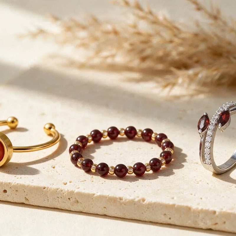 Bague pierre rouge, sur travertin