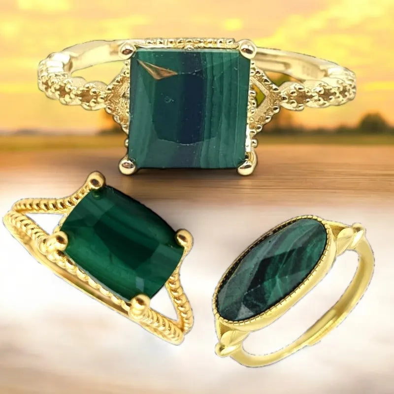collection de bagues en pierre de malachite en argent ou or pour femme