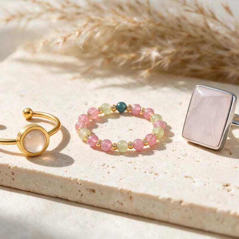 Bague pierre rose, sur travertin
