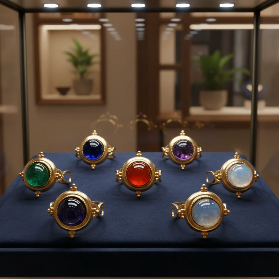 Bagues cabochon dorées en acier inoxydable avec grosse pierre naturelle, présentées en vitrine