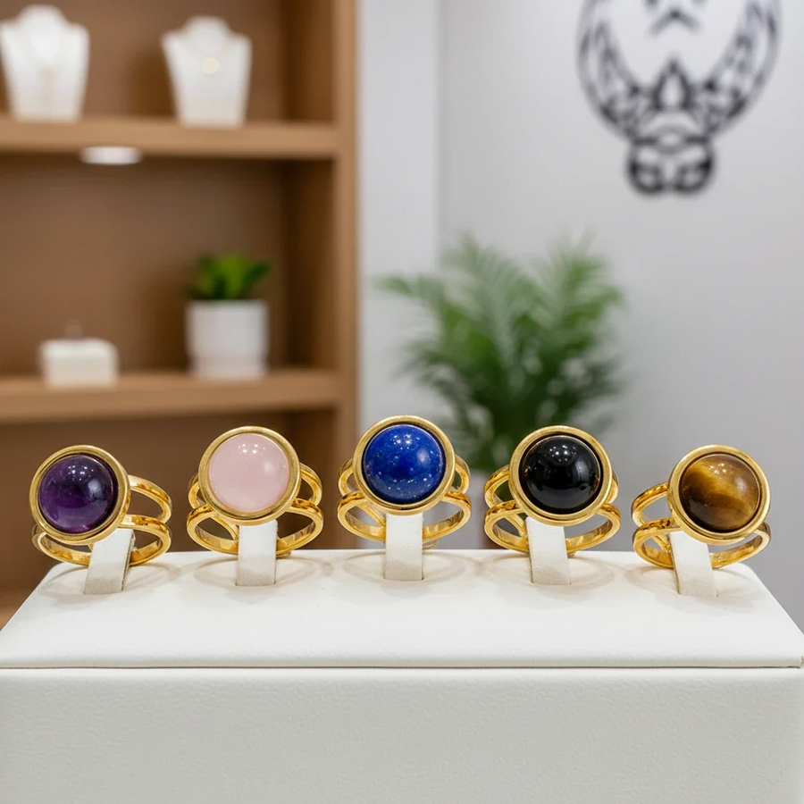 Bagues double anneau dorées DUALIS® en améthyste, quartz rose, sodalite, onyx et œil de tigre