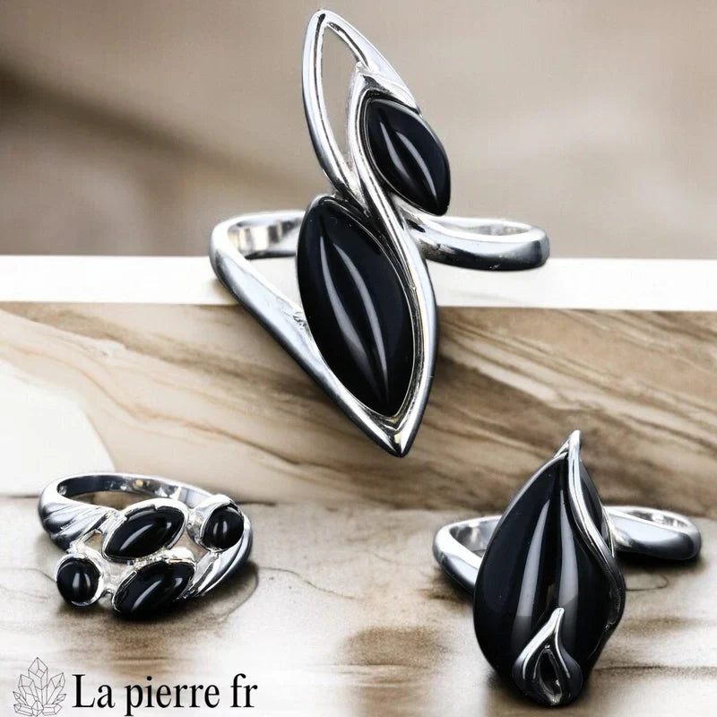 Bague onyx noir véritable en argent pour femme, la pierre fr