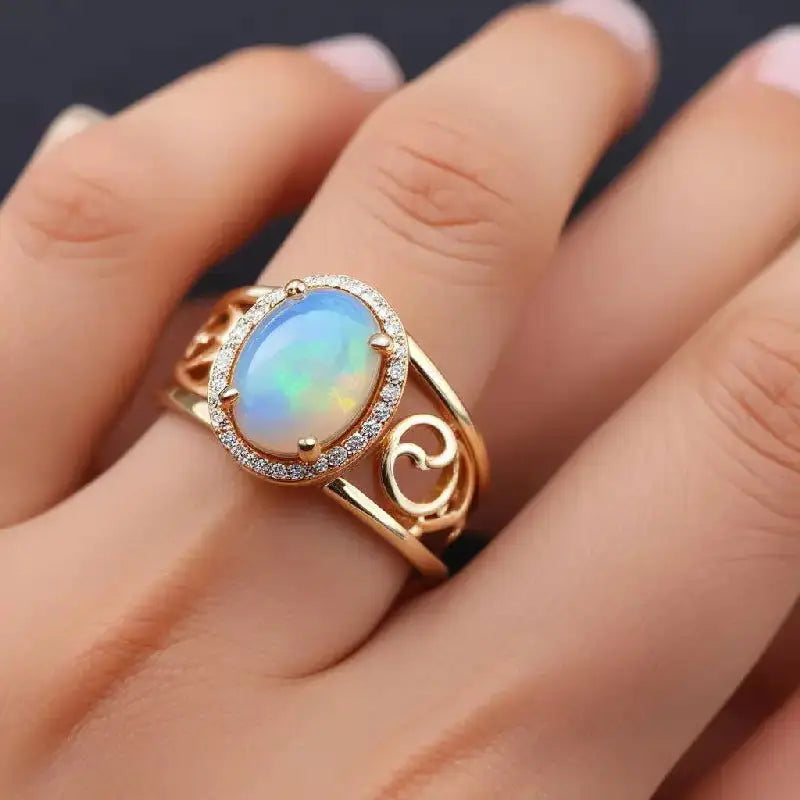 Bague Fantaisie Opale De Feu Rose Ovale Avec Pierres Transparentes - Plaqué Argent - Modèle R5317