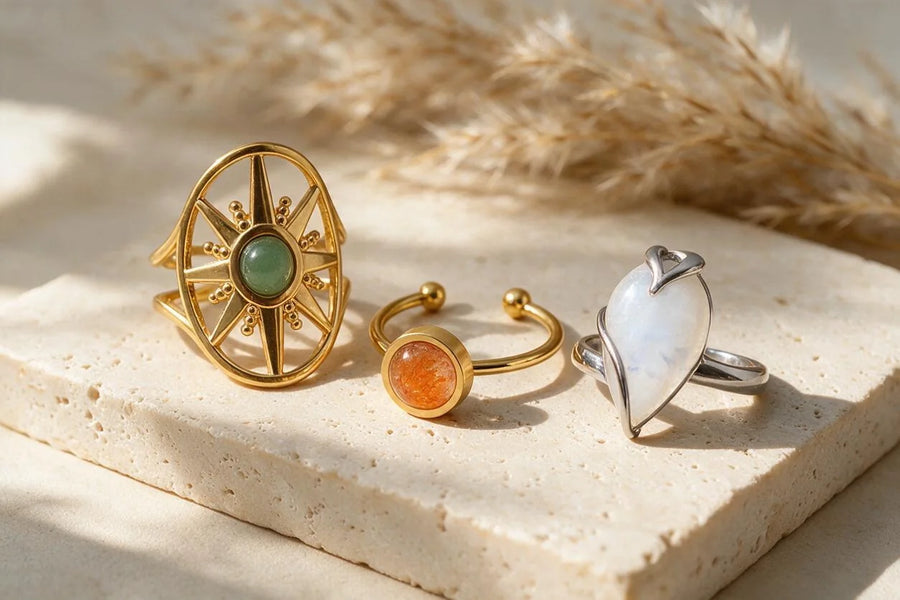 Bague avec pierre naturelle, sur travertin