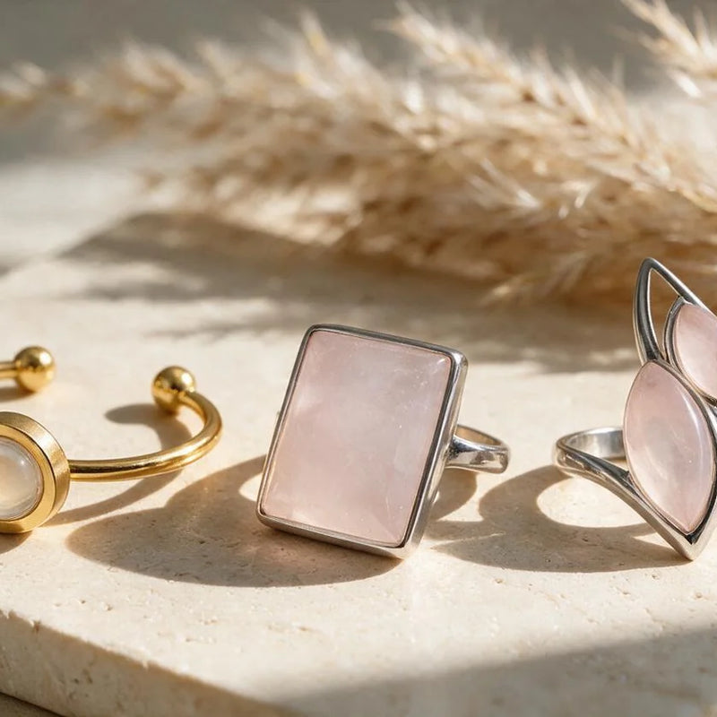 Bagues en Quartz Rose Véritable, pierre naturelle, sur travertin