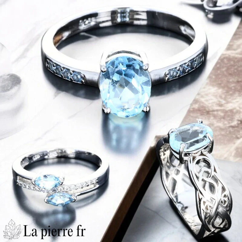 bague topaze bleue véritable en argent pour femme, la pierre fr