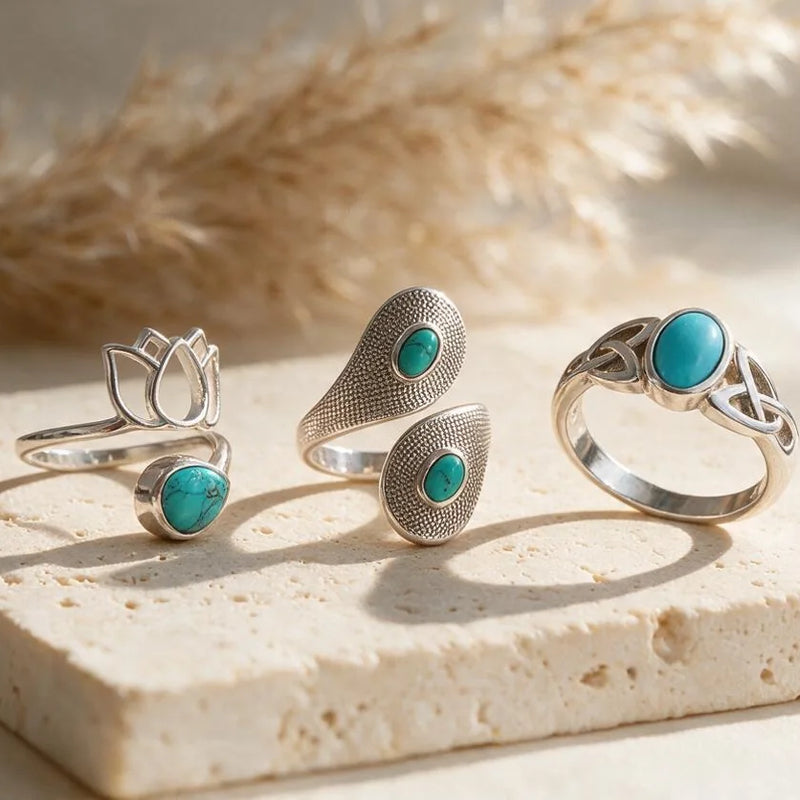 Bagues en Turquoise Véritable, pierre naturelle, sur travertin