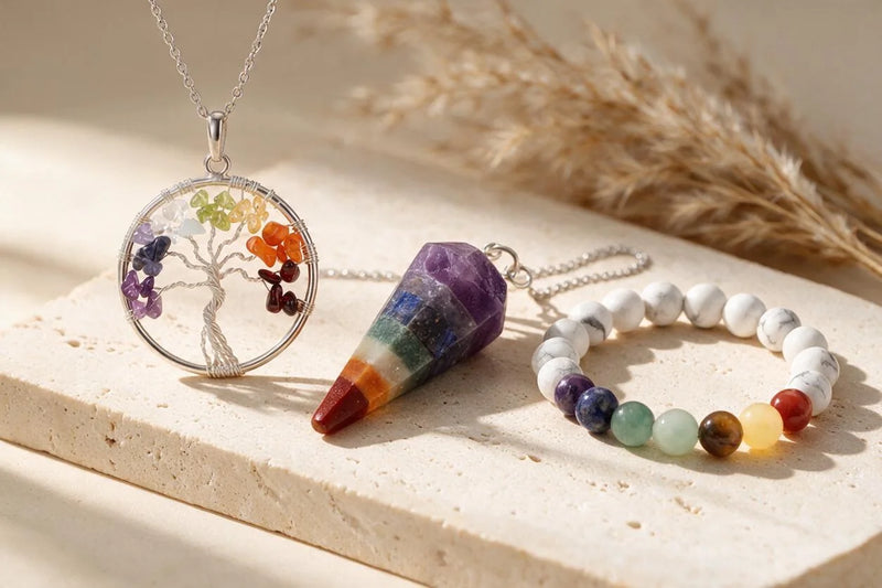Bijoux 7 chakras en pierre naturelle, sur travertin