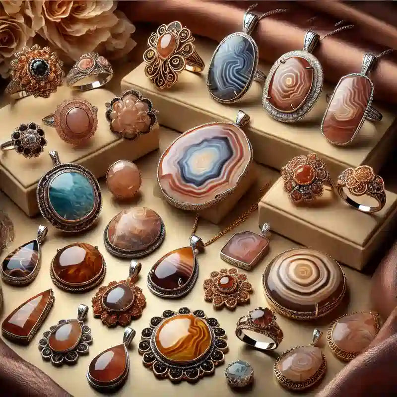Collection complète de bijoux en Agate : pendentifs, bagues, colliers, bracelets, et boucles d’oreilles en pierre colorée.
