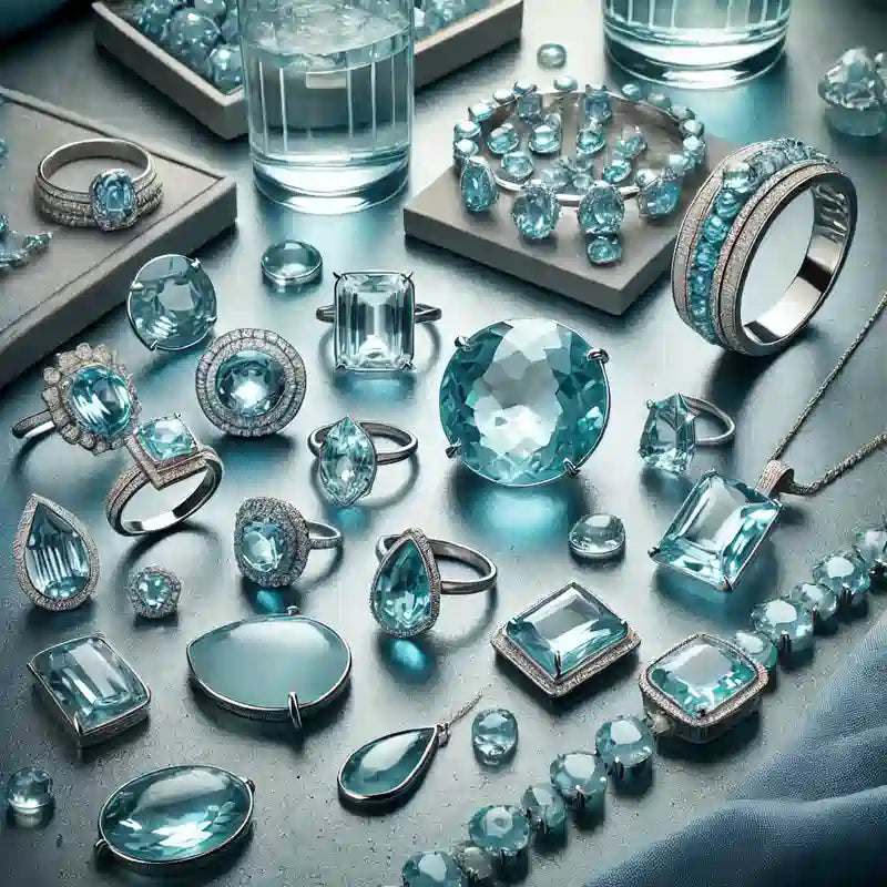 Collection complète de bijoux en Aigue-Marine : colliers, bagues, bracelets, et boucles d’oreilles en pierre bleue de mer.