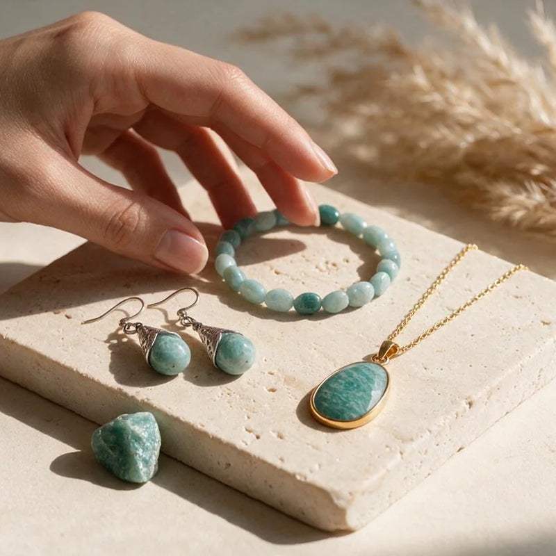 Bijoux en amazonite, pierre naturelle, sur travertin
