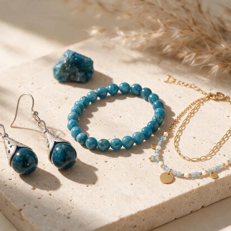 Bijoux en apatite bleue, pierre naturelle, sur travertin