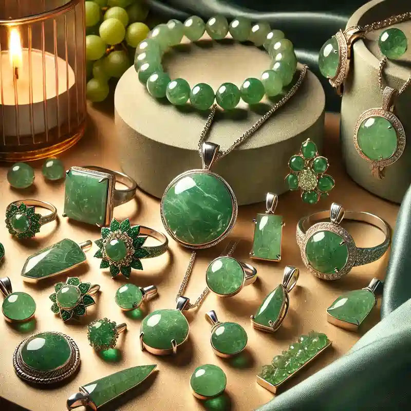 Collection complète de bijoux en Aventurine : pendentifs, bagues, colliers, bracelets, et boucles d’oreilles en pierre verte scintillante.