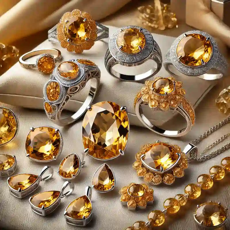 Collection complète de bijoux en Citrine : pendentifs, bagues, colliers, bracelets, et boucles d'oreilles en pierre jaune dorée.