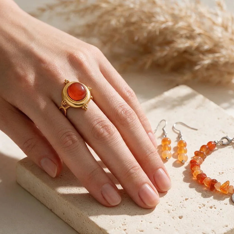 Bijoux en cornaline, pierre naturelle, sur travertin