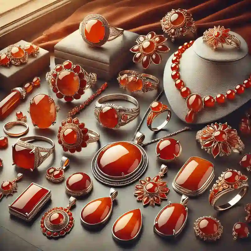 Collection complète de bijoux en Cornaline : pendentifs, bagues, colliers, bracelets, et boucles d’oreilles en pierre rouge énergisante.