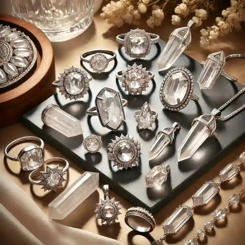 Collection complète de bijoux en Cristal de Roche : pendentifs, bagues, colliers, bracelets, et boucles d’oreilles en quartz clair.