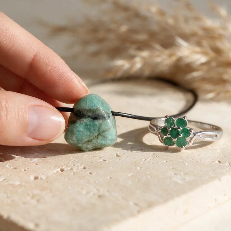 Bijoux en émeraude, pierre naturelle, sur travertin