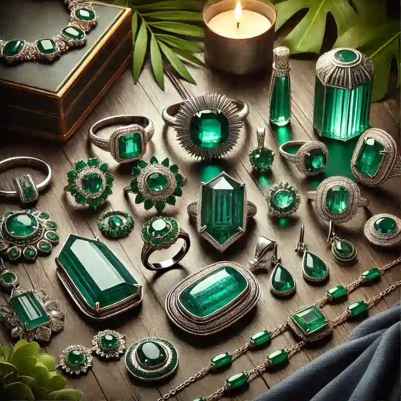 Collection complète de bijoux en Émeraude : pendentifs, bagues, colliers, bracelets et boucles d'oreilles en pierre verte précieuse.