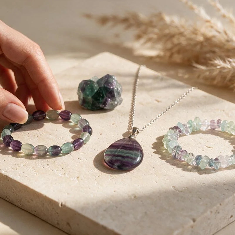 Bijoux en fluorite, pierre naturelle, sur travertin
