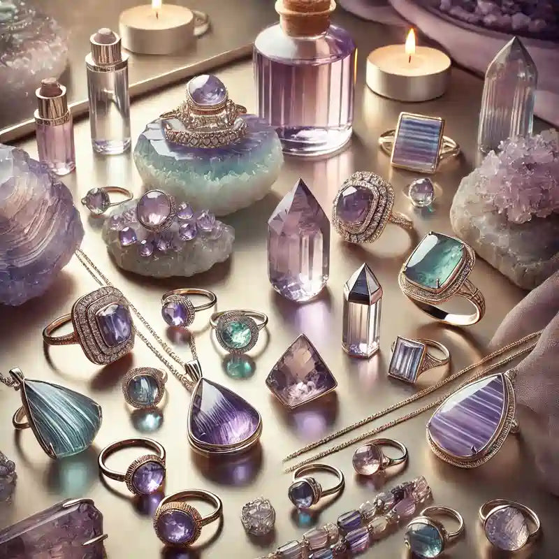 Collection complète de bijoux en Fluorite : pendentifs, bagues, colliers, bracelets, et boucles d’oreilles en pierre multicolore.