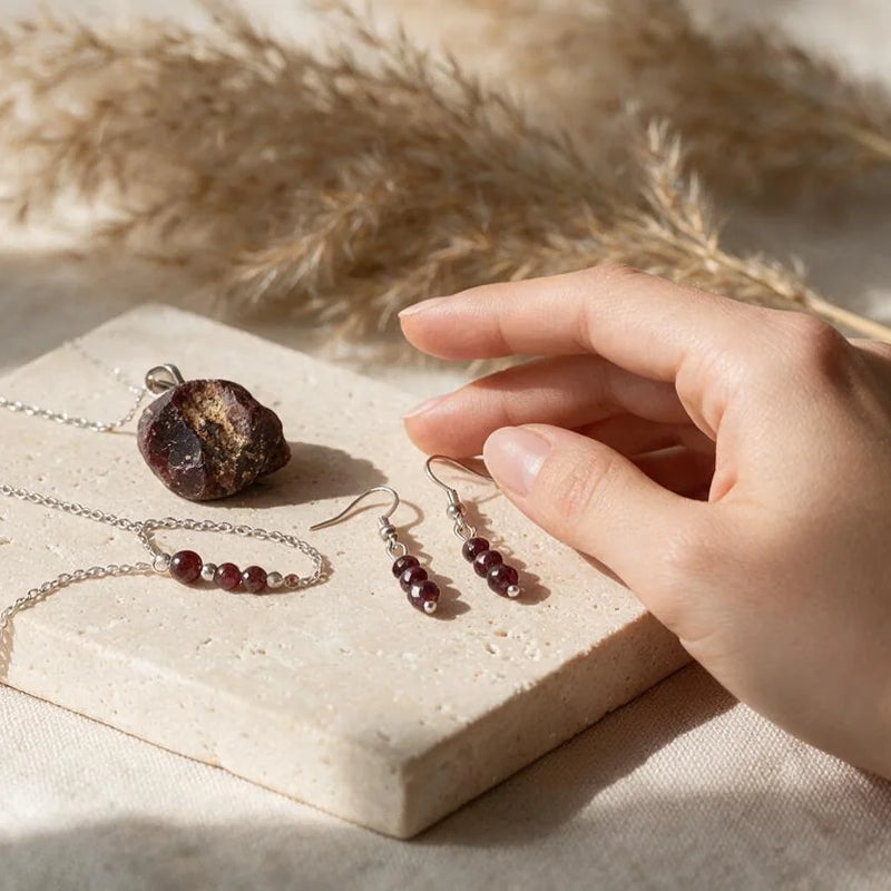 Bijoux en grenat, pierre naturelle, sur travertin