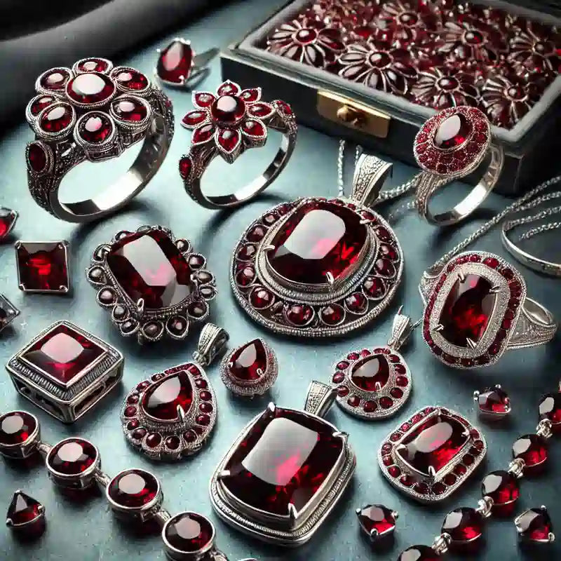 Collection complète de bijoux en Grenat : pendentifs, bagues, colliers, bracelets, et boucles d’oreilles en pierre rouge protectrice.