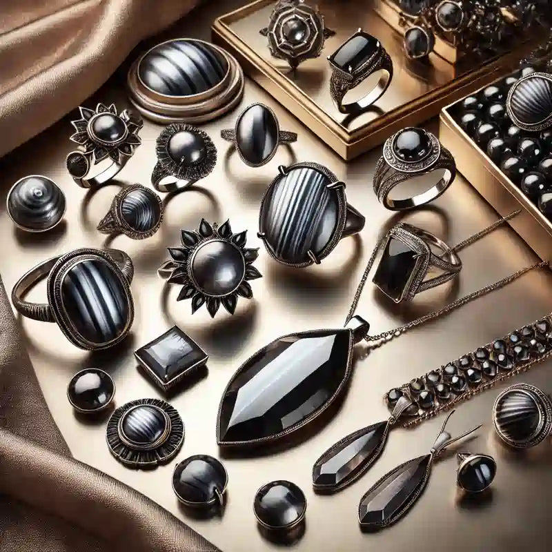 Collection complète de bijoux en Hématite : pendentifs, bagues, colliers, bracelets, et boucles d’oreilles en pierre grise argentée.