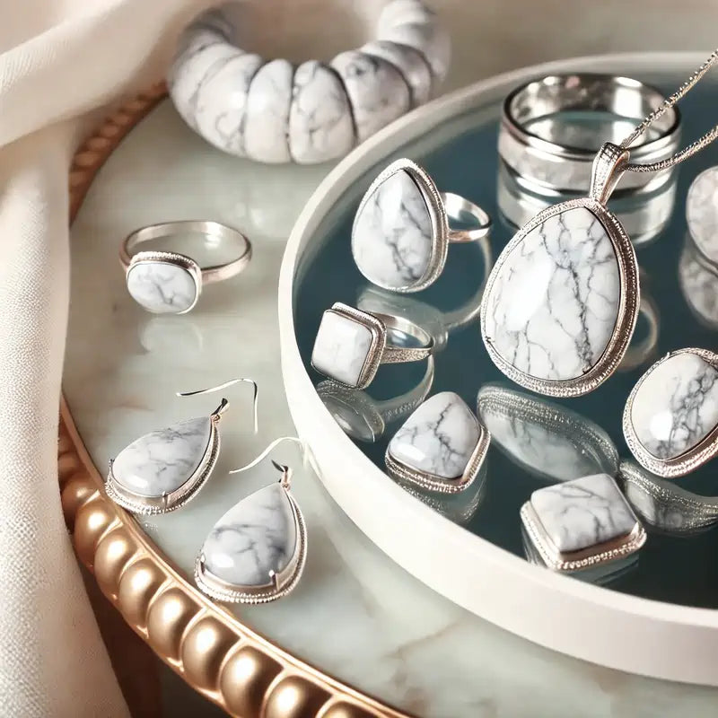 Collection complète de bijoux en Howlite : pendentifs, bagues, colliers, bracelets, et boucles d'oreilles en pierre blanche avec veines.
