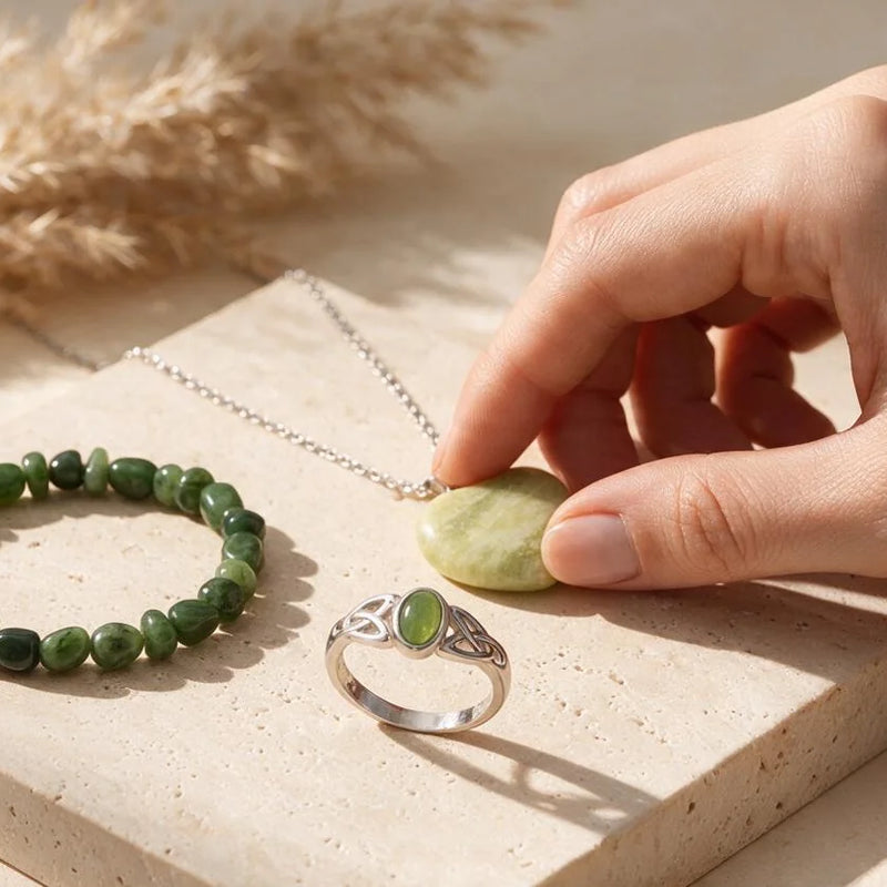 Bijoux en jade vert, pierre naturelle, sur travertin
