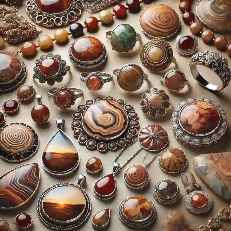 Collection complète de bijoux en Jaspe : pendentifs, bagues, colliers, bracelets, et boucles d’oreilles avec motifs colorés.