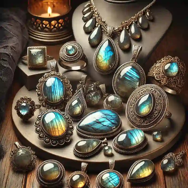 Collection complète de bijoux en Labradorite : pendentifs, bagues, colliers, bracelets, et boucles d’oreilles en pierre iridescente.