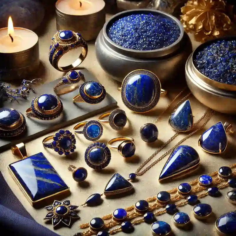 Collection complète de bijoux en Lapis Lazuli : pendentifs, bagues, colliers, bracelets, et boucles d’oreilles en pierre bleue précieuse.