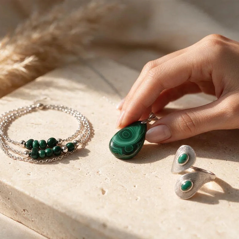 Bijoux en malachite, pierre naturelle, sur travertin