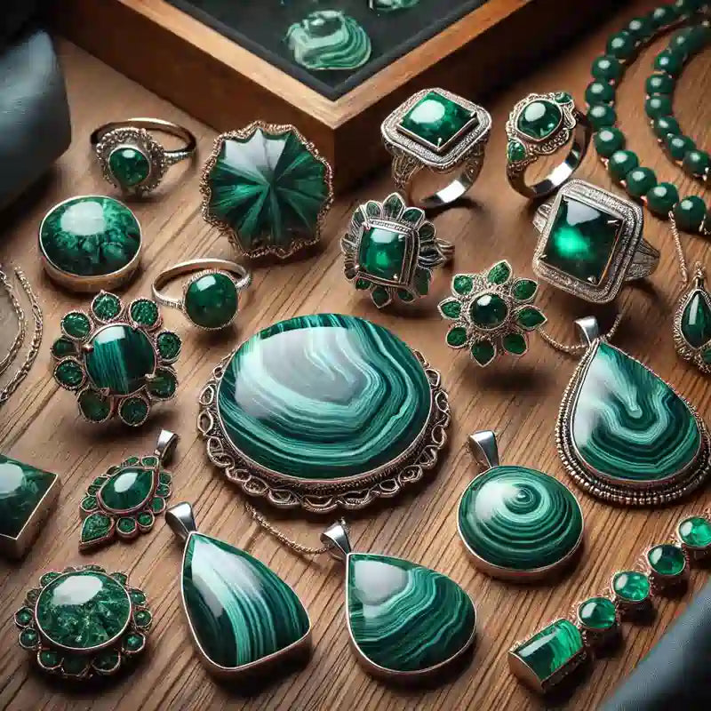 Collection complète de bijoux en Malachite : pendentifs, bagues, colliers, bracelets, et boucles d’oreilles en pierre verte.