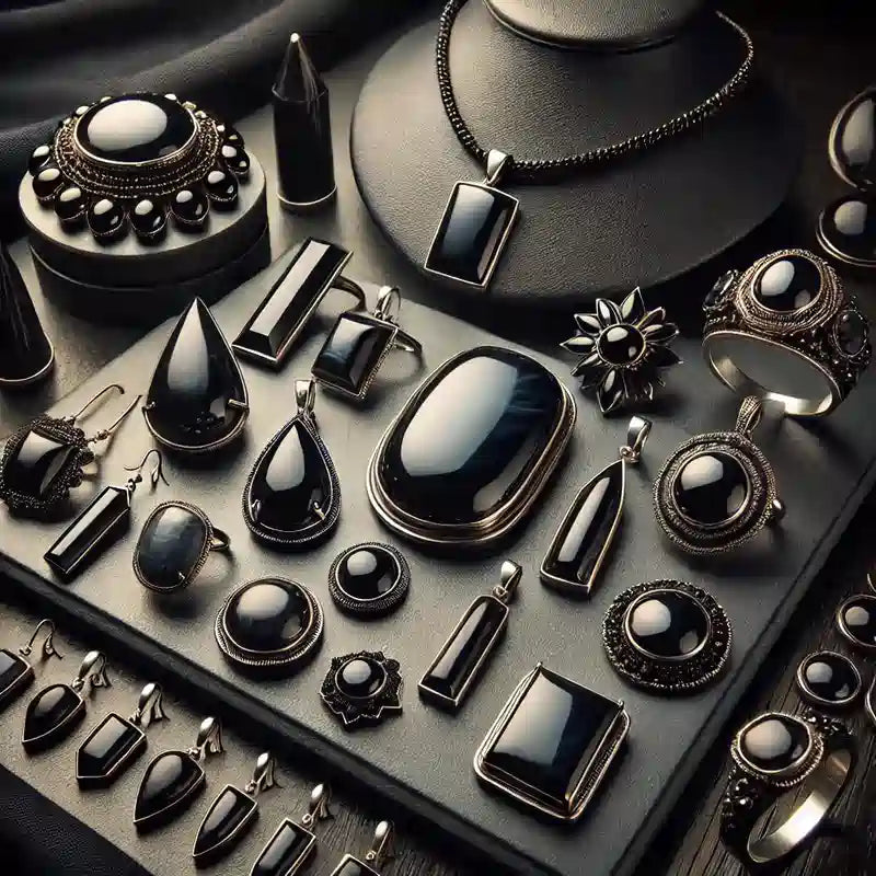 Collection complète de bijoux en Obsidienne : pendentifs, bagues, colliers, bracelets, et boucles d’oreilles en pierre noire
