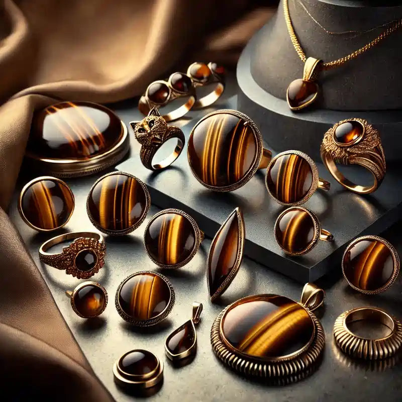 Collection complète de bijoux en Œil de Tigre : pendentifs, bagues, colliers, bracelets, et boucles d’oreilles en pierre aux reflets dorés.