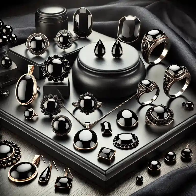 Collection complète de bijoux en Onyx Noir : pendentifs, bagues, colliers, bracelets, et boucles d’oreilles en pierre protectrice.