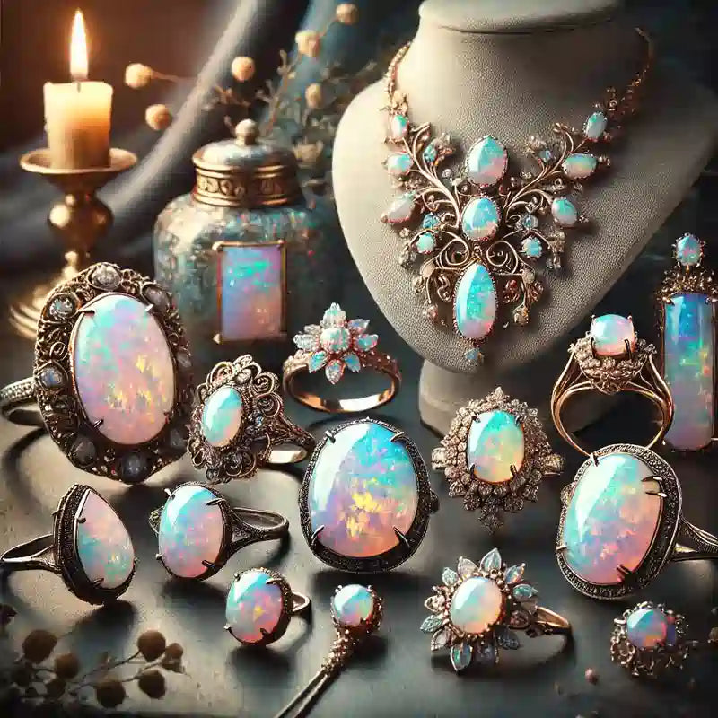 Collection complète de bijoux en Opale : pendentifs, bagues, colliers, bracelets, et boucles d’oreilles avec des irisations spectaculaires.
