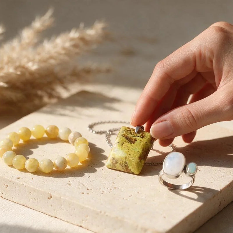 Bijoux en opale, pierre naturelle, sur travertin