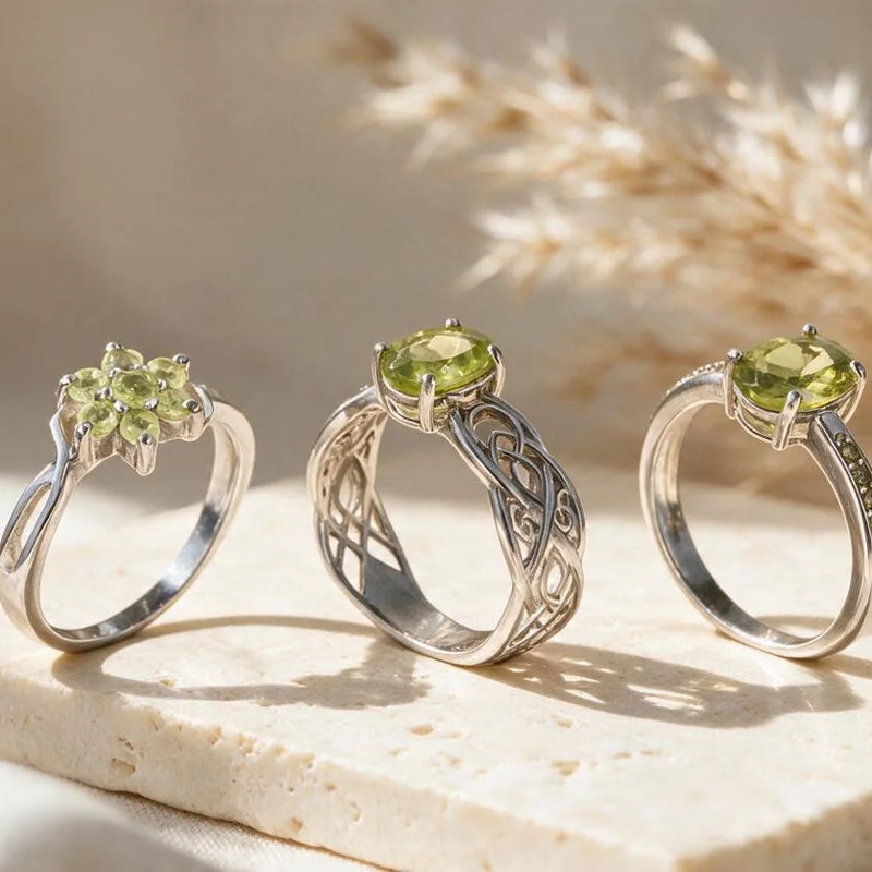 Bijoux en péridot, pierre naturelle, sur travertin